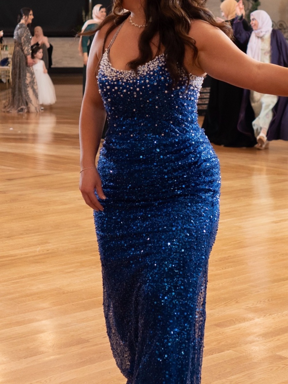Elegant Beaded Navy Blue Evening Gown